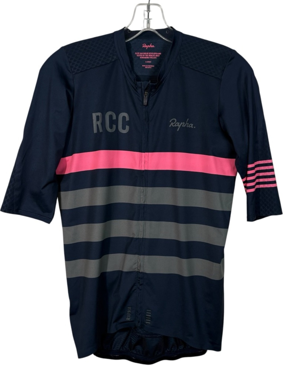 Rapha RCC Men's Pro Team Full Zip Navy Pink Striped Jersey Cycling Large L Bike